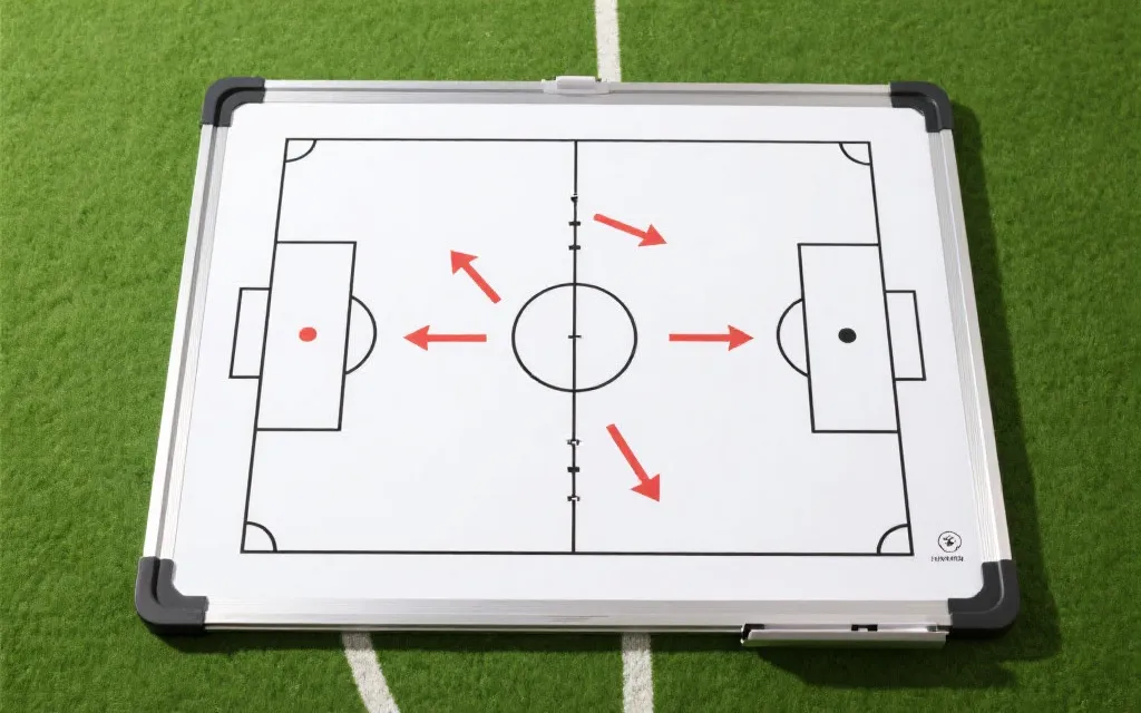 足球战术板上展示定位球跑位与防守结构的示意图