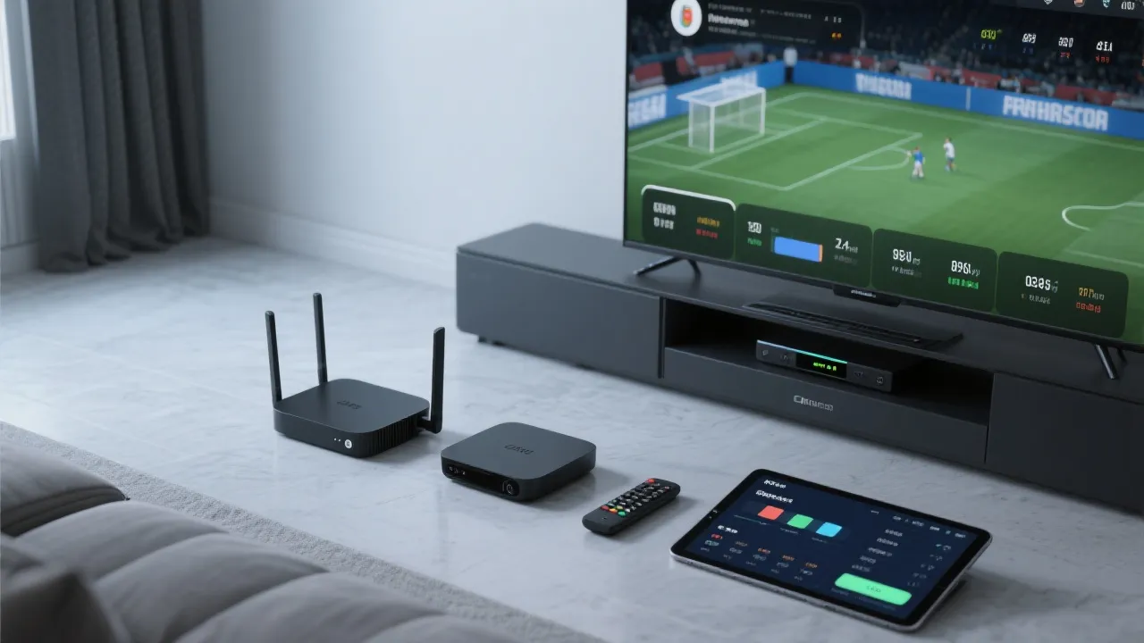 电视、路由器、机顶盒与手机平板组成的家庭观赛硬件组合平铺图